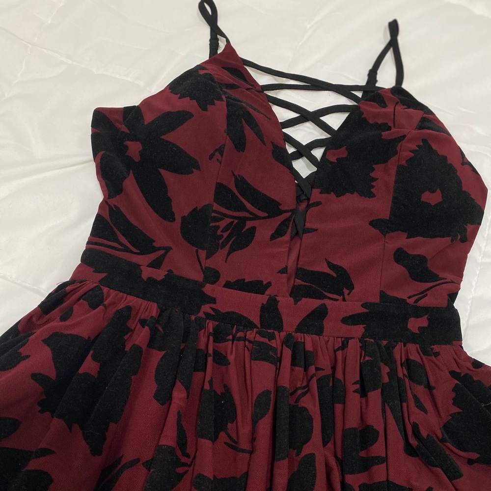 Burgundy velvet Fit & Flare Dress strappy neckline